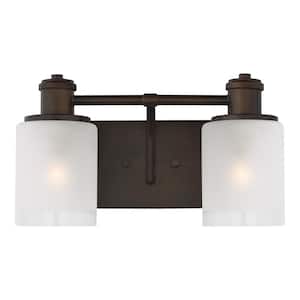 Norwood 14.125 in. 2-Light Burnt Sienna Vanity Light with Clear Highlighted Satin Etched Glass Shades