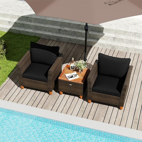 3 Piece Patio Wicker Sofa Set, Acacia Wood Outdoor Rattan Chaise Lounge with Black Cushions Tabletop & Legs