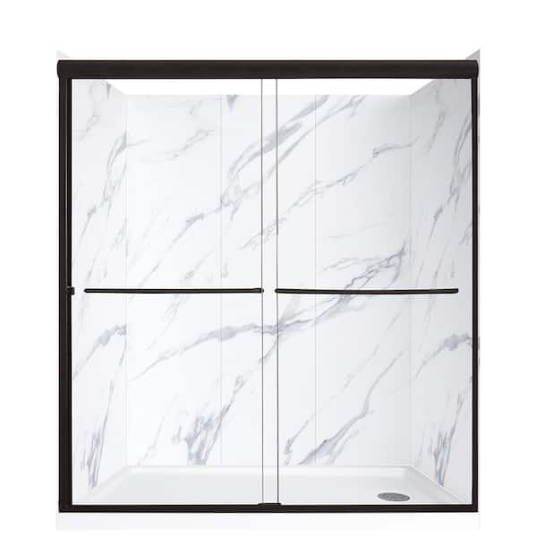 CRAFT + MAIN Cove Sliding 60 in. L x 32 in. W x 78 in. H Right Drain Alcove Shower Door Kit in Carrara and Matte Black Hardware