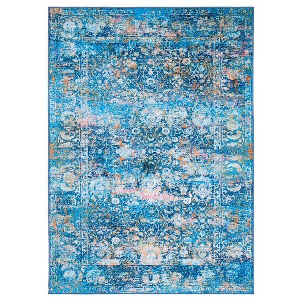 SAFAVIEH Bahia Blue/Gold 4 ft. x 6 ft. Machine Washable Floral Distressed Area Rug