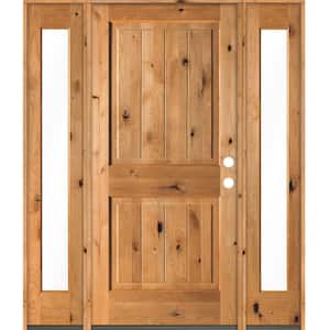 64 in. x 80 in. Rustic Knotty Alder Square Clear Stain Wood V-Groove Left Hand Single Prehung Front Door/Full Sidelites