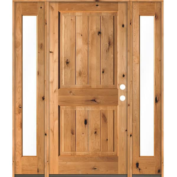 Krosswood Doors 70 in. x 80 in. Rustic Knotty Alder Square Top Left-Hand/Inswing Clear Glass Clear Stain Wood Prehung Front Door w/DFSL