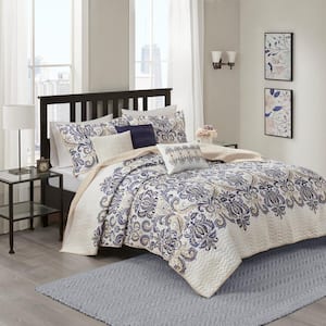 Cardiff 6-Piece Navy/Tan Full/Queen Reversible Coverlet Set