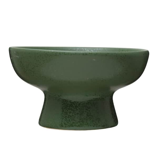 Storied Home 12.62 in. 90 fl. oz. Matte Green Stoneware Footed Serving Bowl