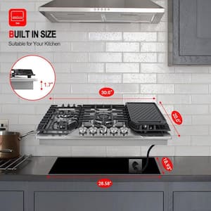 30 in. NG/LPG Convertible Gas Cooktop in Stainless Steel with 5-Burners and Reversible Cast Iron Grill/Griddle