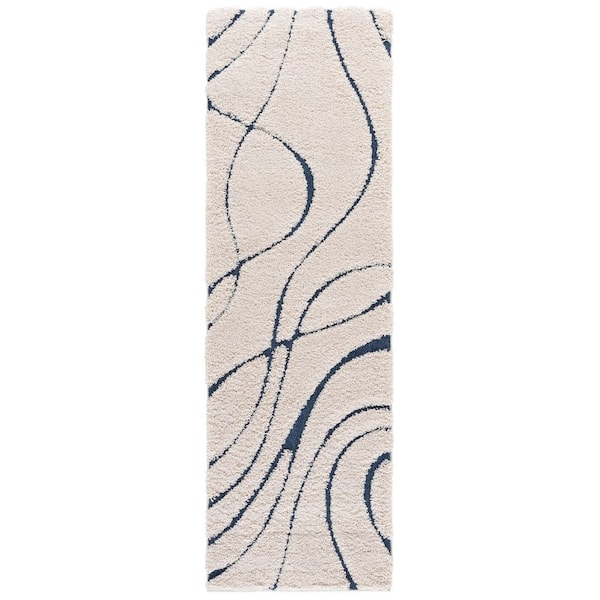 Florida Shag 2 ft. x 19 ft. Cream/Blue Wave Runner Rug
