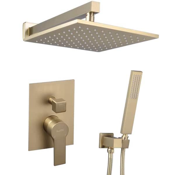 Single-Handle 1-Spray Square High Pressure Shower Faucet in Brushed Gold (Valve Included)