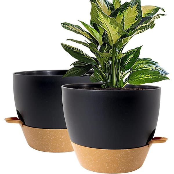 Modern 10 in. L x 10 in. W x 7.3 in. H Black with Terracotta Plastic Round Indoor Planter (2-Pack)