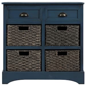 Henry Blue Rustic Storage Cabinet with Drawers and Four Classic Rattan Basket