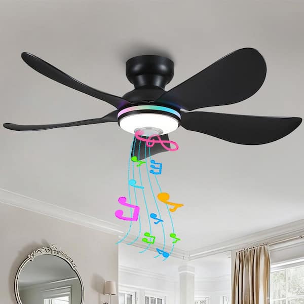 46 in. Indoor/Outdoor Black Flush Mount Ceiling Fan with Dimmable RGB LED Lights and Remote