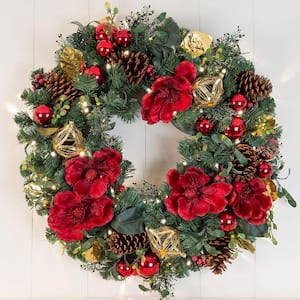 30 in. Artificial Pre-Lit LED Red Magnolia Wreath