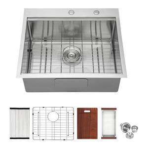 25 in. Brushed Nickel Drop in Single Bowl 16-Gauge Stainless Steel Kitchen Sink with Accessories