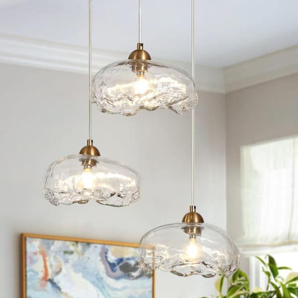 LNC Modern 3-Light Plated Brass Cluster Chandelier with Oval Hand-Blown Glass Glam Staircase Foyer Living Room Pendant Light