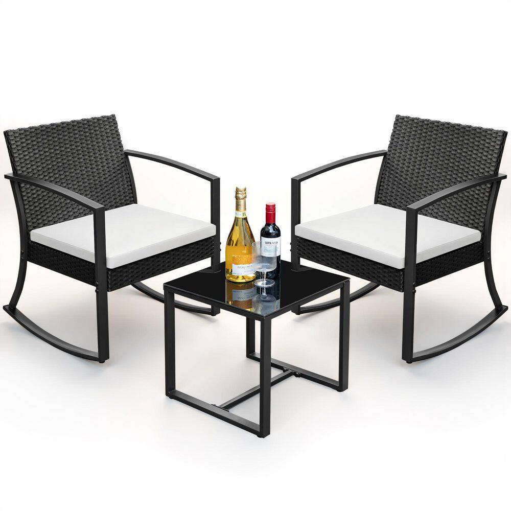 3-Pieces Outdoor Patio Rattan-Like Resin Rocking Chair Set With Table and White Cushions price history on PriceWatchPro