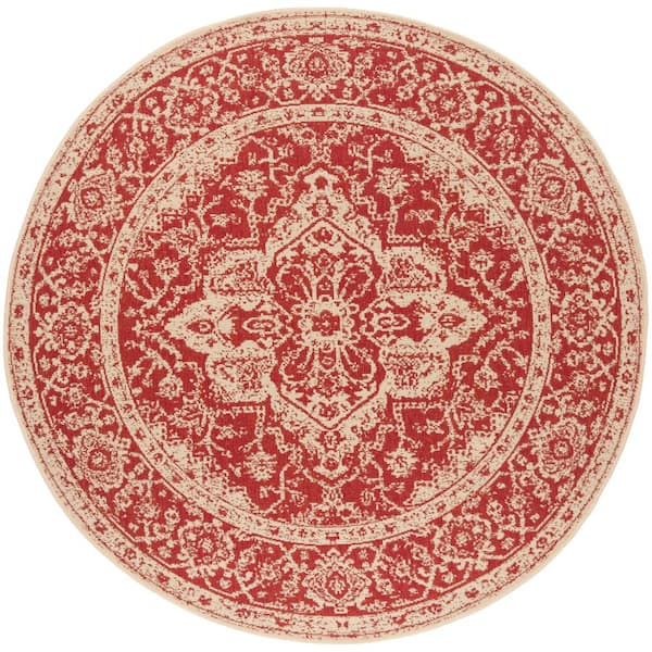 SAFAVIEH Beach House Red/Cream 7 ft. x 7 ft. Round Oriental Indoor/Outdoor Patio  Area Rug