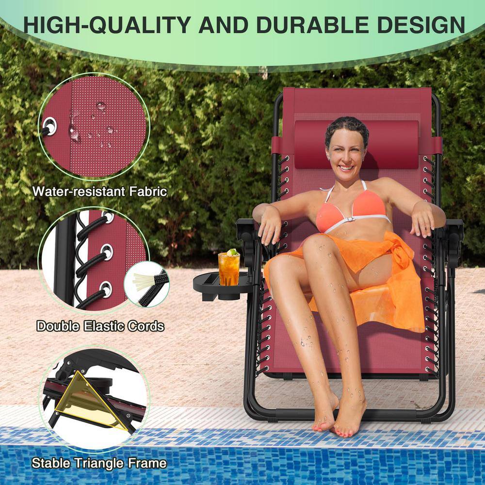 Claret Steel Zero Gravity Reclining Lounge Chair Set with Cup Holder