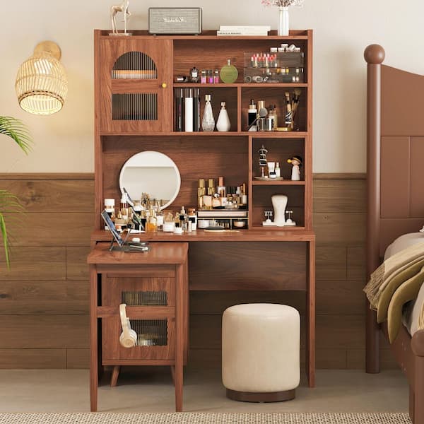 43.1 in. Walnut Wood a Drawer Computer Desk with Degree Rotating Desktop, Cabinets and Shelves