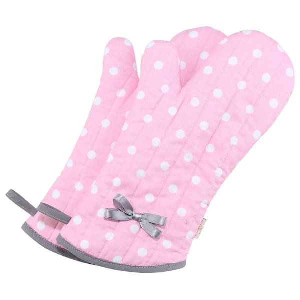 Polka Dots Pink 450°F Heat Resistant Long Cotton Pizza Oven Mitts with Hanging Loop 2-Pack, Kitchen Gloves for Farmhouse