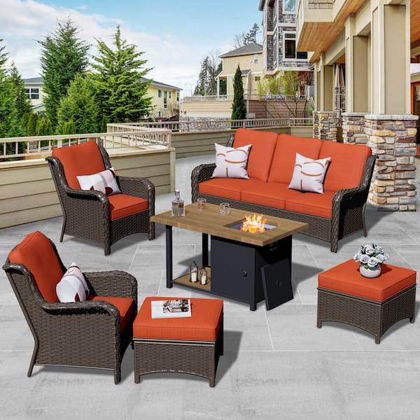 OVIOS Joyo Ung Brown 6-Piece Wicker Outdoor Patio Fire Pit Table Conversation Seating Set with Orange Red Cushions