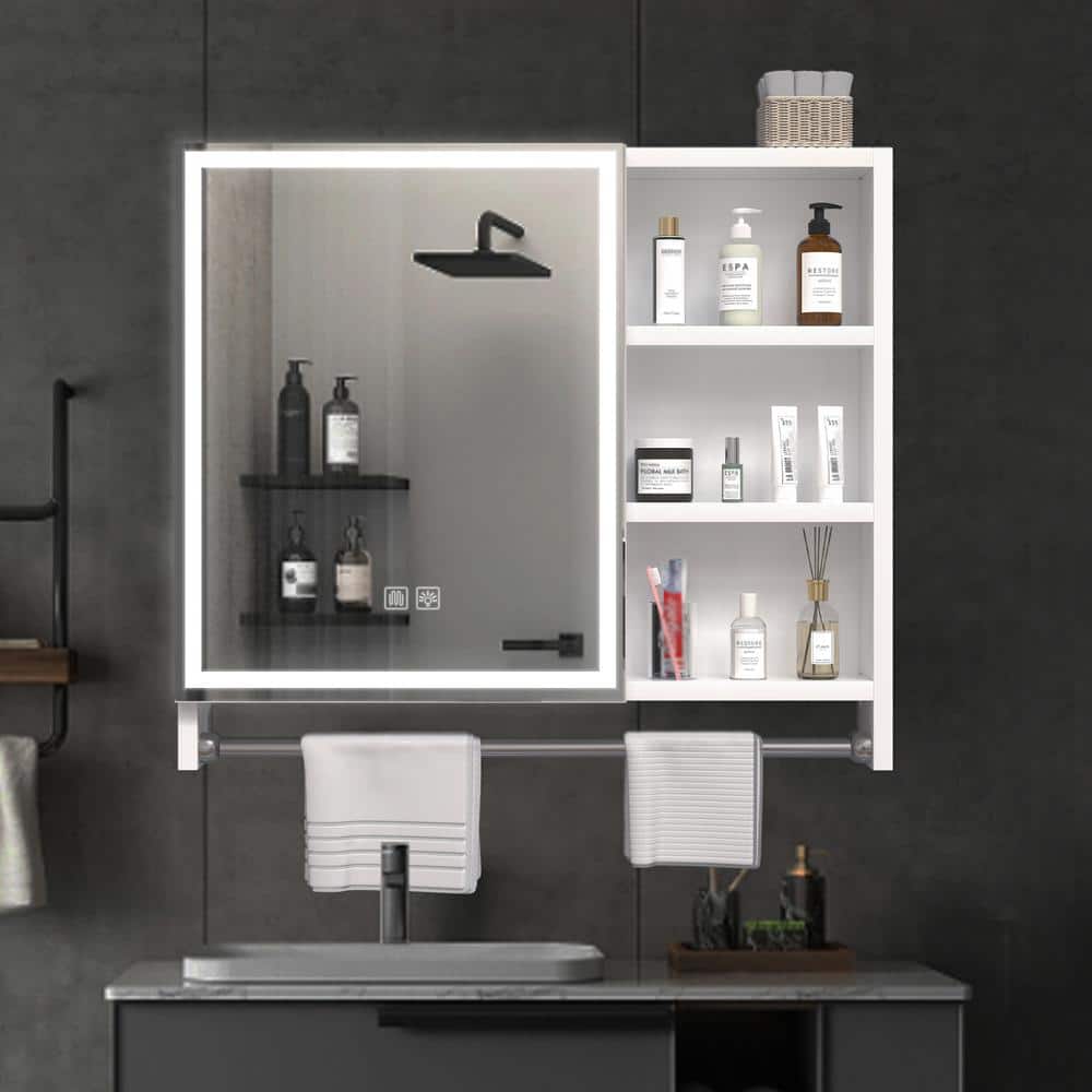 WELLFOR 31.5-in x 27.56-in Lighted LED Fog Free Surface Mount White Mirrored Soft Close Medicine Cabinet