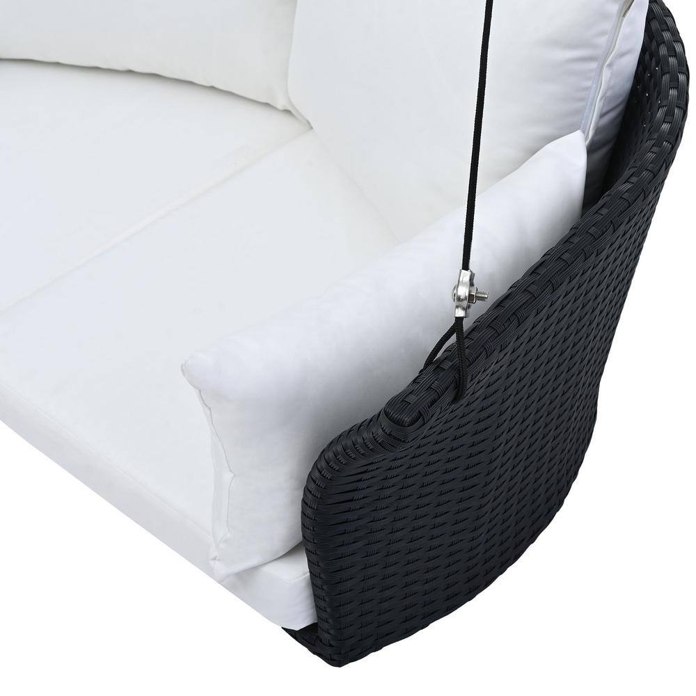 Black Wicker and White Cushion 2-Person Porch Swing
