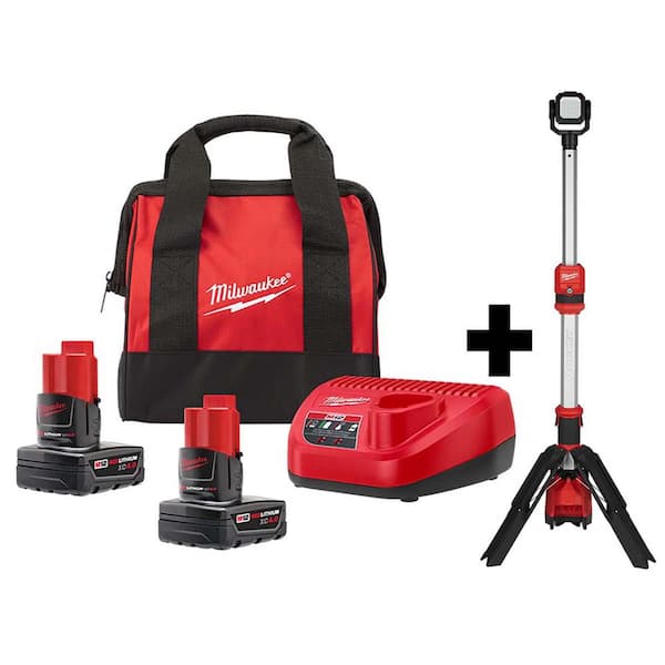 Milwaukee - M12 12-Volt Lithium-Ion Cordless 1400 Lumen ROCKET LED Stand Work Light Kit W/ Two 4.0 Ah Batteries, Charger and Bag