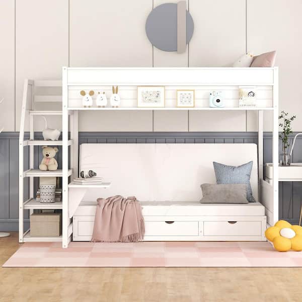 White Wood Full Size Convertible Bunk Bed with Storage Staircase, Bedside Table and 3-Drawers