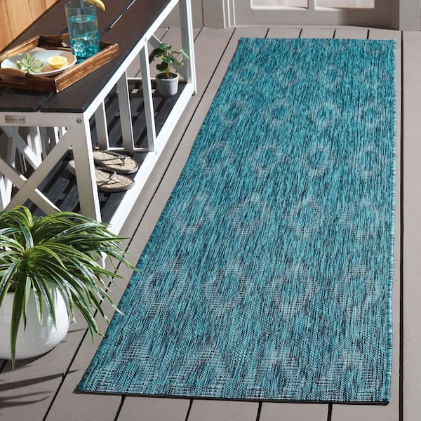 Courtyard Turquoise/Blue 2 ft. x 8 ft. Solid Color Diamond Indoor/Outdoor Runner Rug