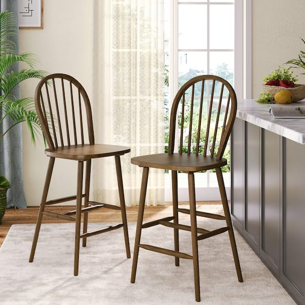 Tilbury 29.25 in. Traditional Farmhouse Solid Wood Spindle Bar Stools with Slat Backrest, Footrest, Walnut, (Set of 2)