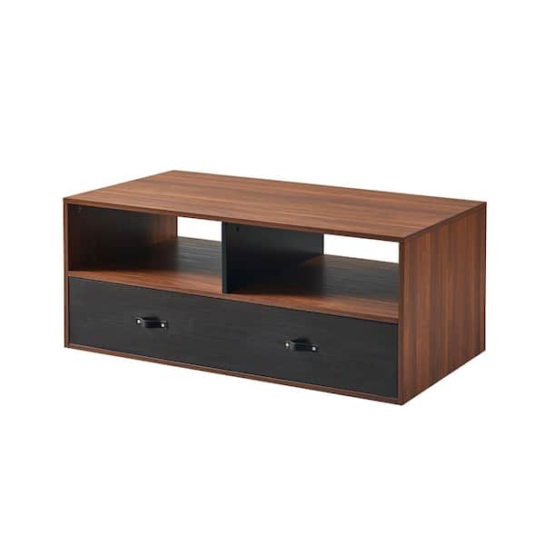 Teamson Home Henry Rectangle Wood Coffee Table with Storage and Leather Handle - Walnut/Black