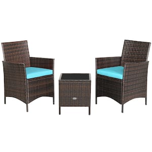 3-Piece Wicker Patio Conversation Set with Blue Cushions