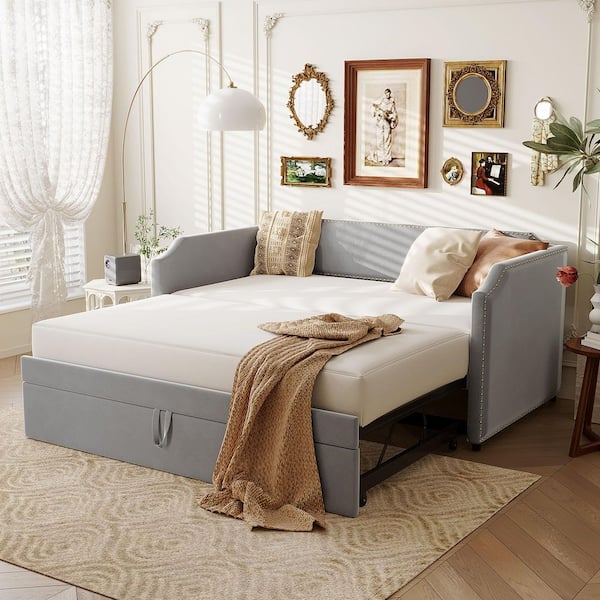 Violet Modern Gray Upholstered Velvet Twin Size Daybed with Lift-Up Trundle, Nailhead Trim