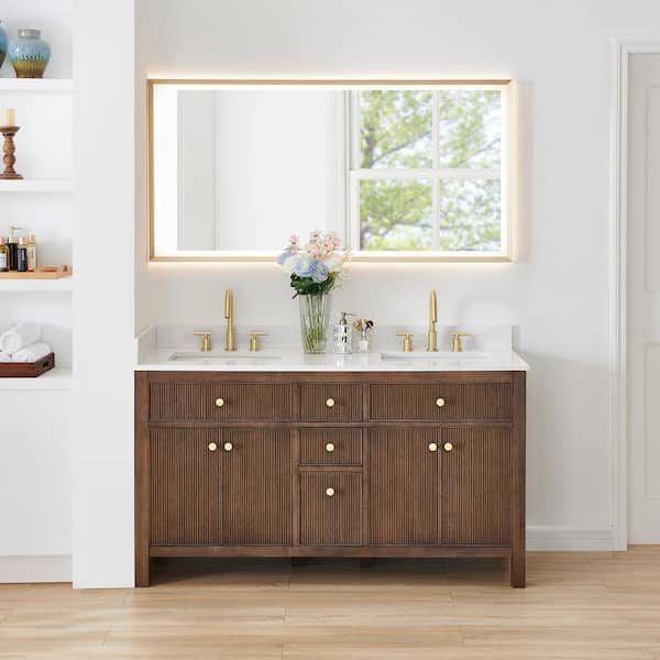 Altair Cerrito 60 in. Double Sink Freestanding Brown Oak Bath Vanity with Grain White Engineered Stone Top Assembled and Mirror