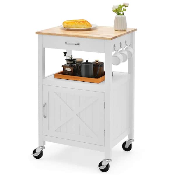 Small White Kitchen Cart Island on Wheels Mobile Trolley Cart Barn Door Drawer Hooks