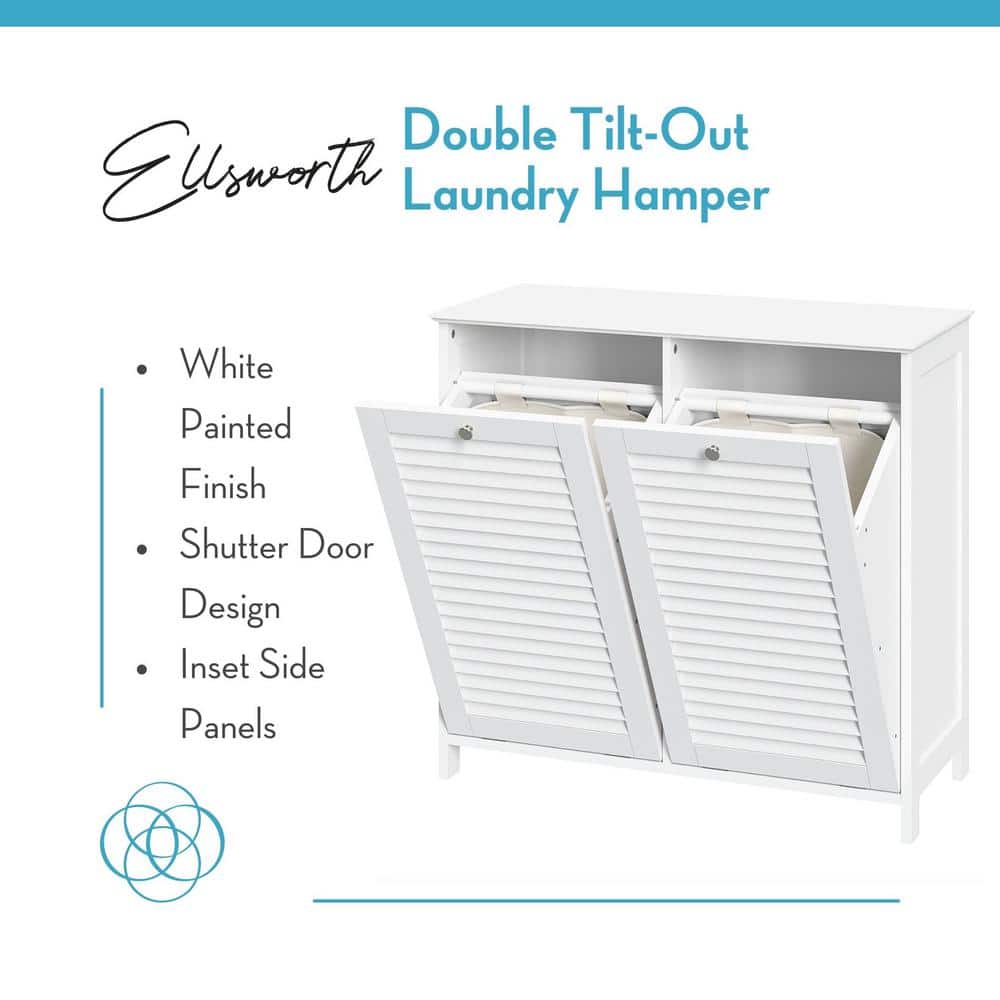 White MDF Double Tilt-Out Laundry Hamper Cabinet with Cloth Bags