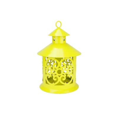 8 in. Shiny Yellow Votive or Tealight Candle Holder Lantern with Star and Scroll Cutouts