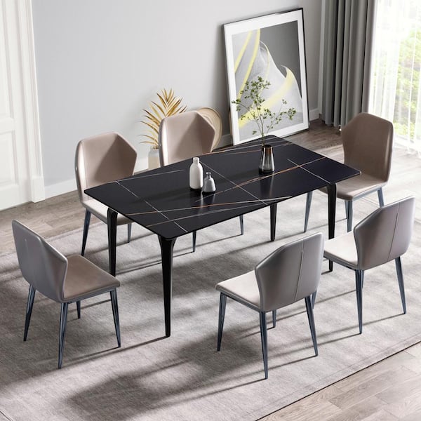 Magic Home 63 in. Black Sintered Stone Tabletop with 4 Black Metal Legs Dining Table (Seats 6)