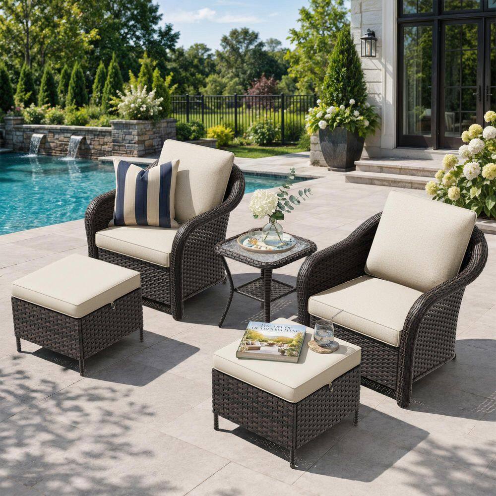 Smiley 6-Piece Brown Wicker Outdoor Rocking Chairs Swivel Chair Set with Thick Beige Cushions and Side Table price history on PriceWatchPro