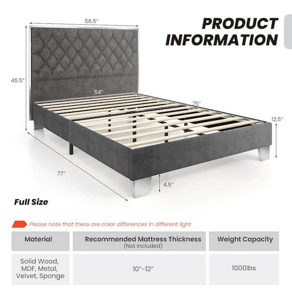 Costway Gray Metal Frame Full Upholstered Platform Bed