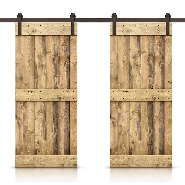 CALHOME Mid-Bar 68 in. x 84 in. Weather Oak Stained DIY Solid Pine Wood Interior Double Sliding Barn Door with Hardware Kit
