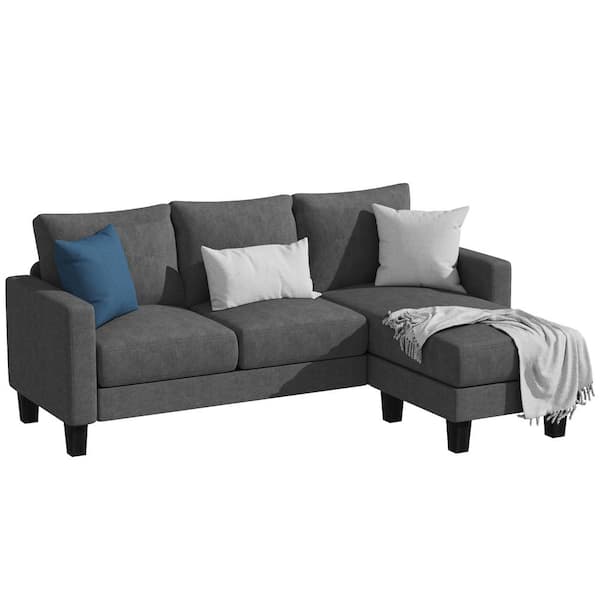 70 in. Classic L-Shaped Sectional Sofa Reversible Linen Sectional Sofa in Dark Gray with Chaise