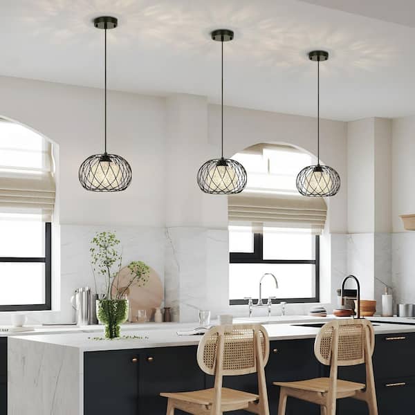 Jasslynn 9.44 in. 1-Light Black Double Cage Pendant Light with Metal and Rattan Shade, Modern Farmhouse Island Light