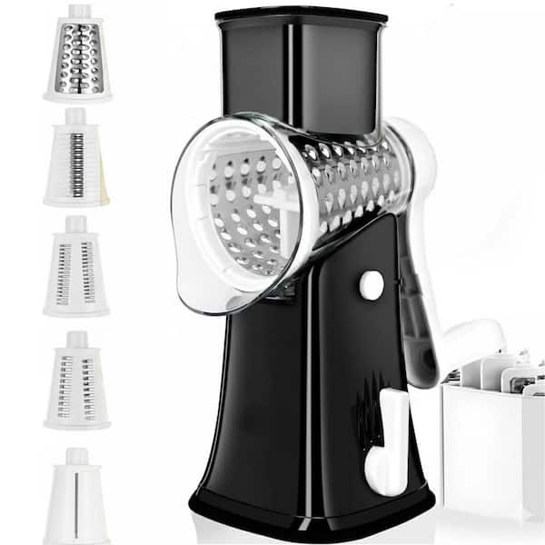 Black Rotary Cheese Grater with 5 Stainless Steel Blades Easy Clean Hand Crank Slicer Kitchen Gadget Storage Box