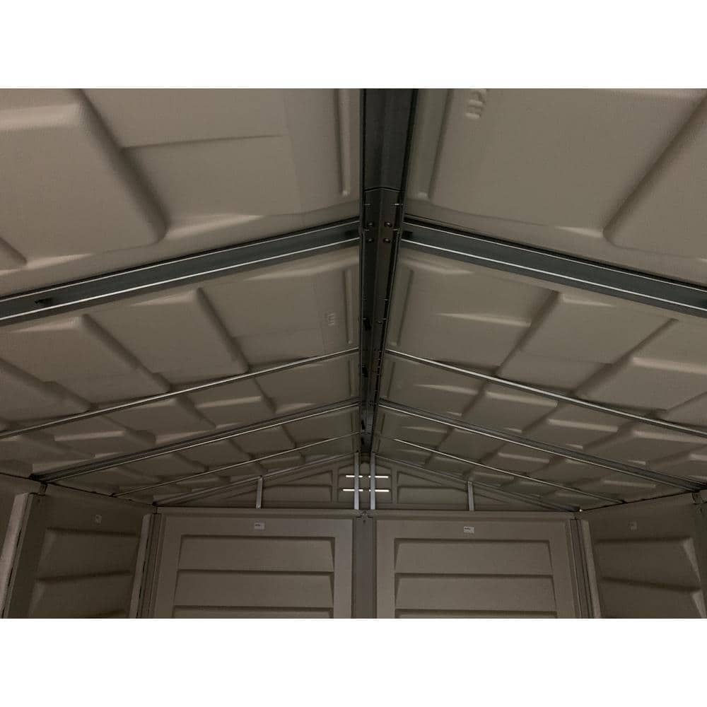 Gray Vinyl Resin Storage Shed with Shelving and Windows