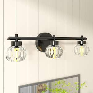 Vlens 21.50 in. Modern 3-Light Matte Black Dimmable Vanity Light with Crystal Shade