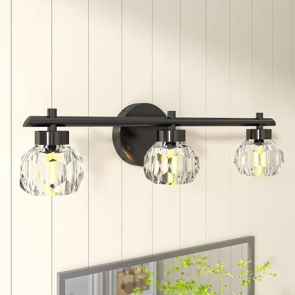LANSEKI Vlens 21.50 in. Modern 3-Light Matte Black Dimmable Vanity Light with Crystal Shade