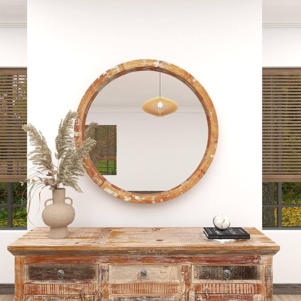 Vintage Round Brown Wood Wall Mirror
