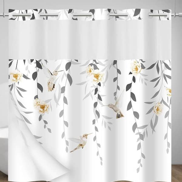 Floral No-Hook Shower Curtain with Snap-In Liner,Grey