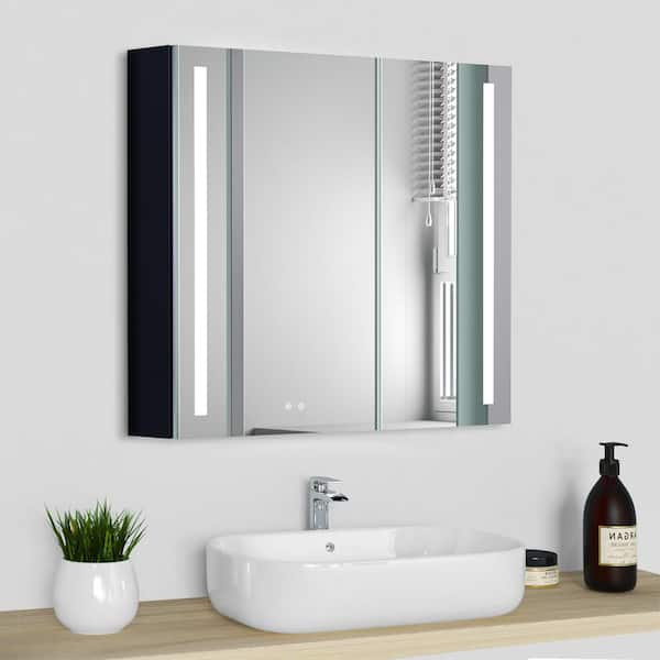 Zeus & Ruta 30 in. W. x 26 in. H Rectangular Aluminum Medicine Cabinet with Mirror and LED Frontlet
