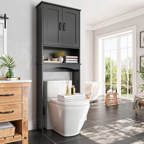 Shaker 23.6 in. W x 65 in. H x 8.25 in. D Black Over The Toilet Storage with Doors and Open Shelves